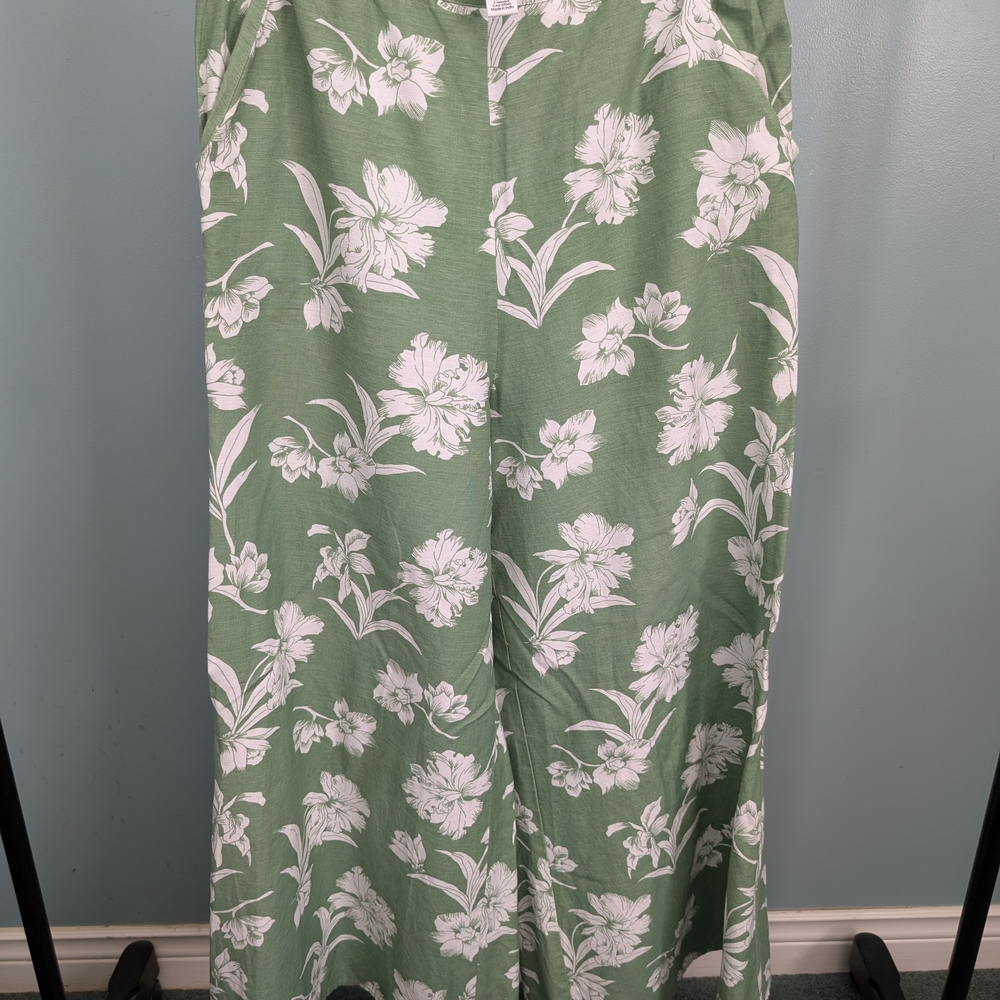 Green Floral Pants with White Pattern